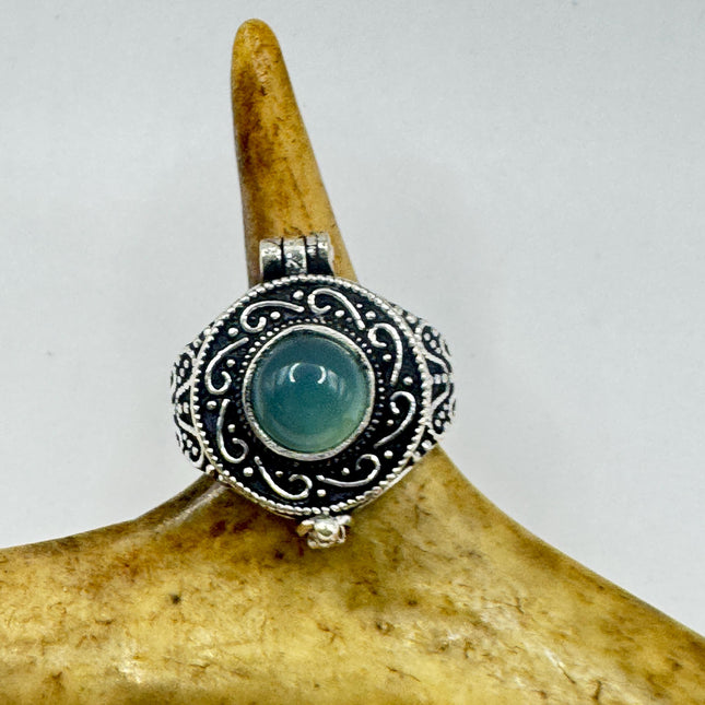 Vintage Silver Bronze Poison Ring Blue Chalcedony Statement Ring