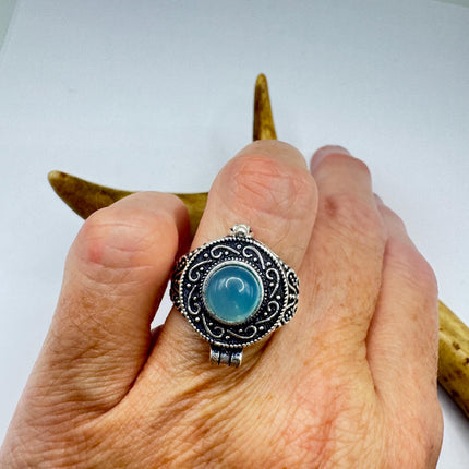 Vintage Silver Bronze Poison Ring Blue Chalcedony Statement Ring