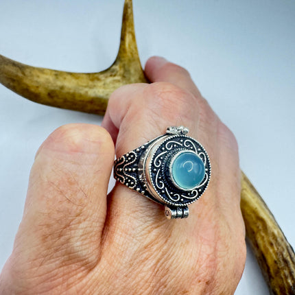 Vintage Silver Bronze Poison Ring Blue Chalcedony Statement Ring