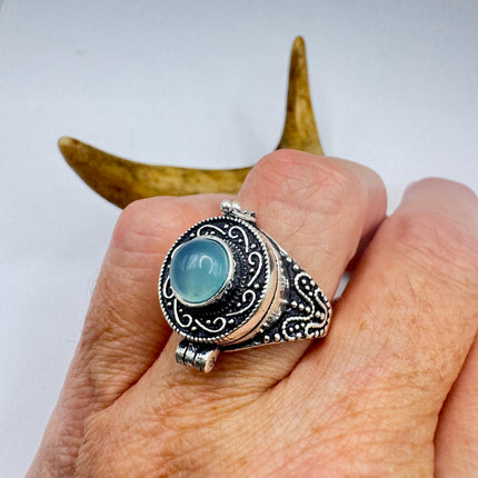 Vintage Silver Bronze Poison Ring Blue Chalcedony Statement Ring