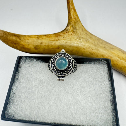 Vintage Silver Bronze Poison Ring Blue Chalcedony Statement Ring