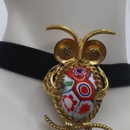 Vintage Red Art Glass Owl Brooch Pin - 14K Gold Filled
