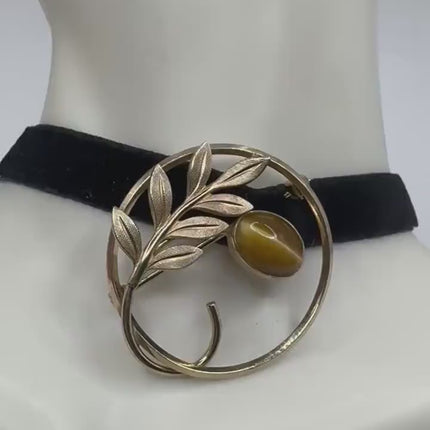 Vintage Tigers Eye Flower Brooch Pin - 14K Gold Filled on Black Velvet Ribbon Choker