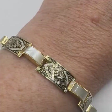 Vintage White Bracelet Mother of Pearl Set in Gold Bronze Stacking Layered