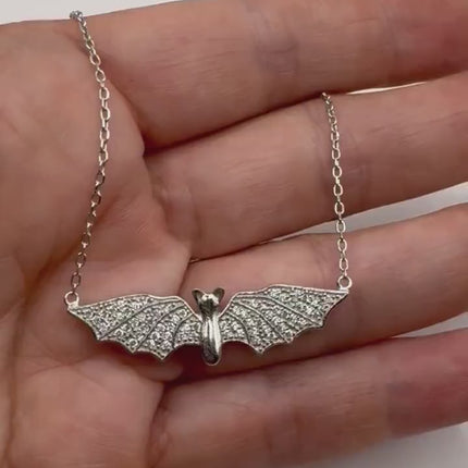 Vintage Bat Pendant Necklace with White Sapphires - 925 Sterling Silver Delicate Pave