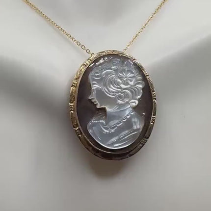 Vintage Cameo Gold Pendant Necklace Tiny 12k GF Chain Abalone Carved Pin Brooch