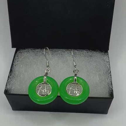 Vintage Silver Green Jade Dangle Lucky Earrings