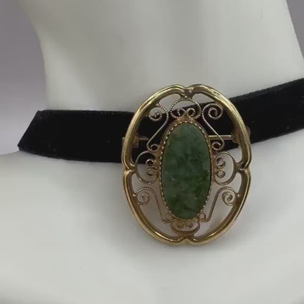 Vintage Green Jade Brooch Pin on Gold Filled Black Velvet Choker - Minimal Everyday Accessory
