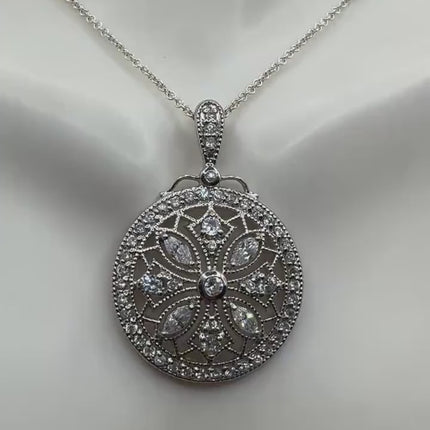 Vintage White Diamond Cubic Zirconia 925 Sterling Silver Necklace - Antique Design