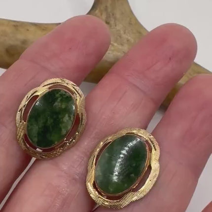 Vintage Green Nephrite Jade Clip-On Earrings 12k Gold Filled Delicate Screw Back Design