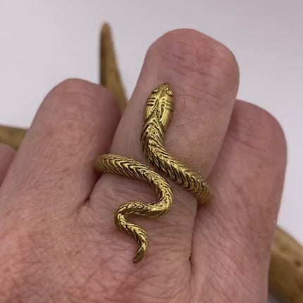 Vintage Snake Ring with Adjustable Gold Bronze Band Serpent Jewelry Unique Gift for Reptile or Animal Lover