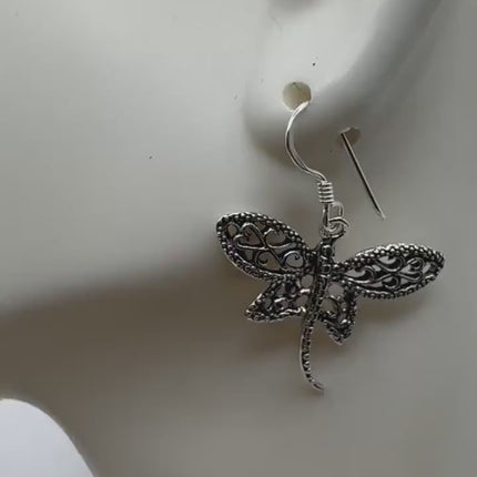Vintage Dragonfly dangle Earrings 925 Sterling Silver