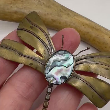 Vintage Dragonfly Green Abalone Brooch Pin - Gold Bronze Scatter Pin Design