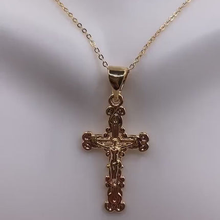 Vintage 9k Gold Filled Tiny Cross Necklace on Etched Gold Filled Chain - Small Crucifix Pendant for Layering and Stacking