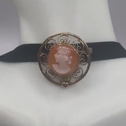 Vintage Deco Carved Cameo Brooch Pin - Gold Filled with Black Velvet Choker - Simple Everyday Minimal Jewelry
