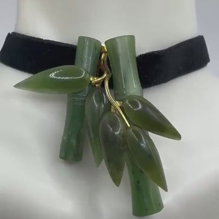 Vintage Green Jade Brooch Pin - Gold Filled with Velvet Choker - Small Lucky Jade Design