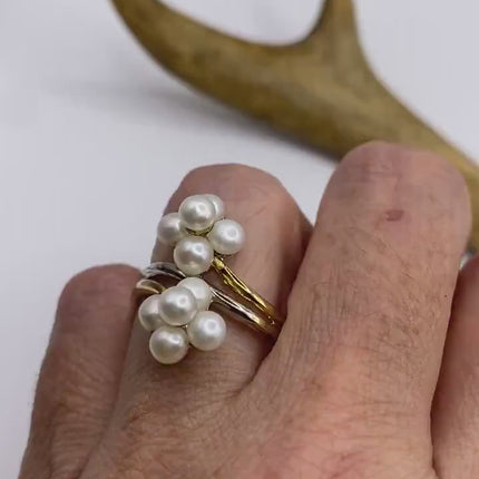Vintage White Pearl Cocktail Ring Band Gold 925 Sterling Silver
