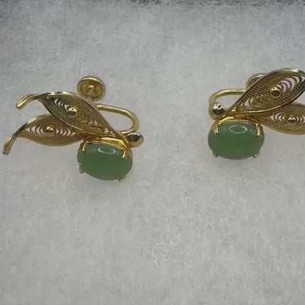 Vintage Green Nephrite Jade Clip-On Earrings 12k Gold Filled Delicate Screw Back Design