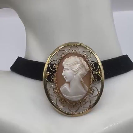 Vintage Deco Carved Cameo Brooch Pin - Gold Filled with Black Velvet Choker - Simple Everyday Minimal Jewelry