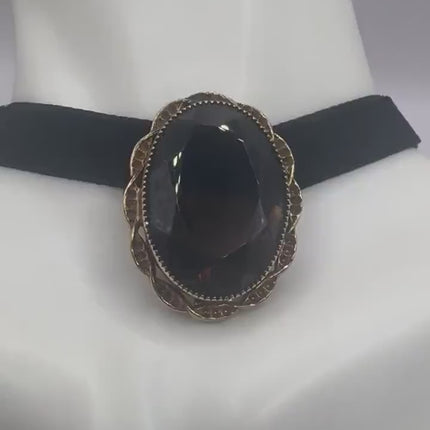 Vintage Deco Smoky Topaz Brooch Pin - Gold Filled with Black Velvet Choker - Simple Everyday Minimal Jewelry