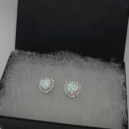 Vintage Silver Heart Stud Earrings with White Fire Opal CZ Diamond Gemstones - Handcrafted Jewelry