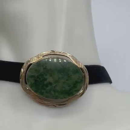 Vintage Green Jade Brooch Pin - Gold Filled with Velvet Choker - Small Lucky Jade Design