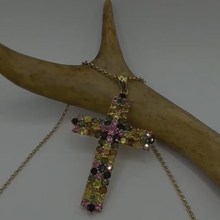 Vintage Watermelon Tourmaline Cross Golden 925 Sterling Silver Necklace