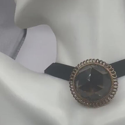 Vintage Deco Smoky Topaz Brooch Pin - Gold Filled with Black Velvet Choker - Simple Everyday Minimal Jewelry