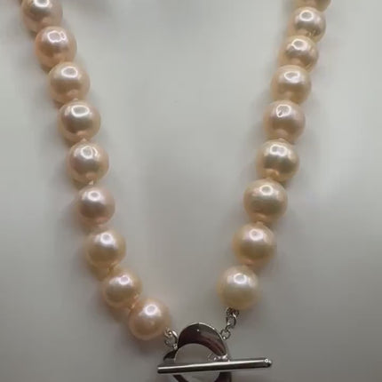 Vintage Elegant Hand Knotted Peach Pearl Necklace with 925 Sterling Silver Heart Toggle - 18 Inches