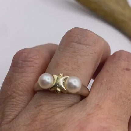 Vintage White Pearl Cocktail Ring Band Gold 925 Sterling Silver
