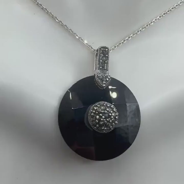 Vintage Black jet Marcasite Choker Necklace - 925 Sterling Silver Gemstone Pendant Necklace