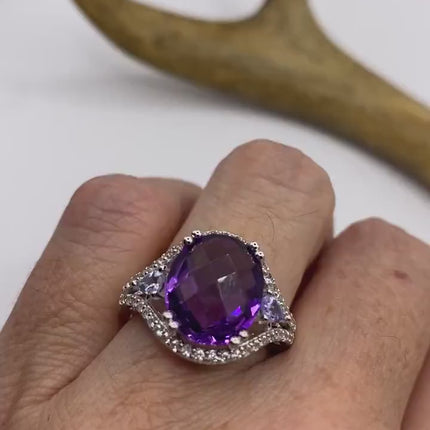 Vintage Purple Amethyst Blue Tanzanite Ring Band 925 Sterling Silver