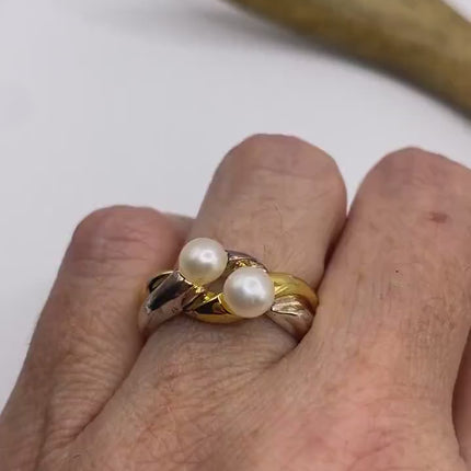 Vintage White Pearl Cocktail Ring Band Gold 925 Sterling Silver