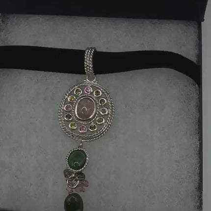 Vintage Watermelon Tourmaline Pendant Ribbon Choker Necklace