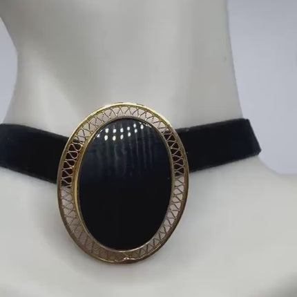 Vintage Lucky Black Onyx Brooch Pin - Gold Filled - Black Velvet Choker - Small and Simple